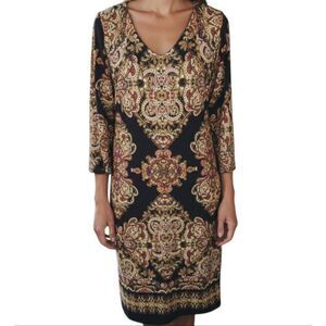 I.N.C INTERNATIONAL CONCEPTS BLACK, GOLD & BURGUNDY DRESS SZ.S EUC.
